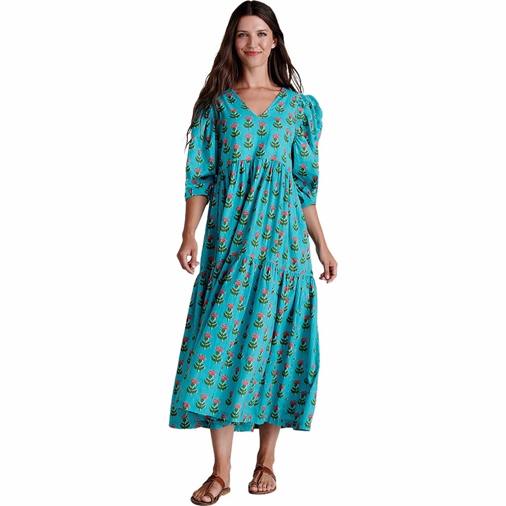 Pink Chicken Maribelle Blue Cornflower Teal Floral V-Neck Tiered Maxi Dress Boho